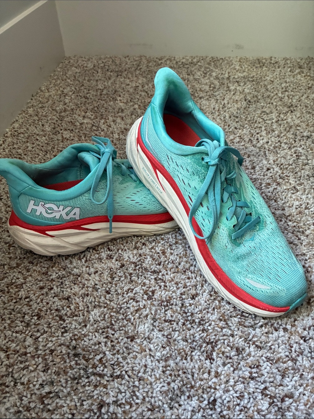 Hoka Clifton 8 Women's Teal and Coral Lightweight Running Shoes